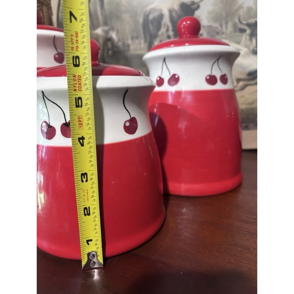 Vintage Terramoto Two Ceramic Kitchen Canisters  Cherries Red White Cottagecore